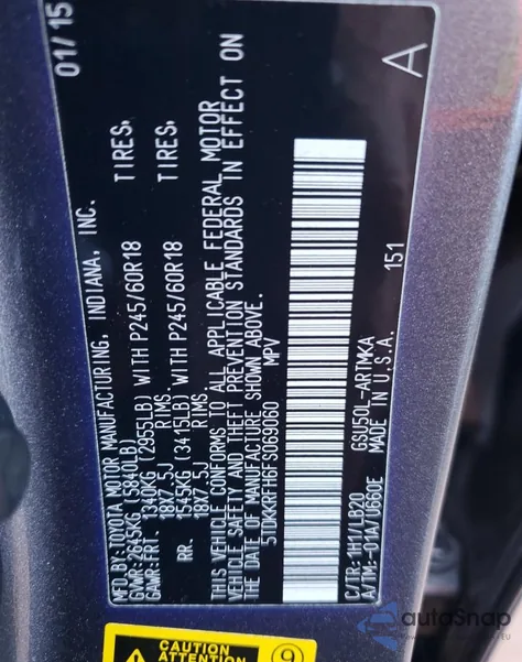 2015 Toyota Highlander Xle z USA, uszkodzony, nr VIN 5TDKKRFH6FS069060